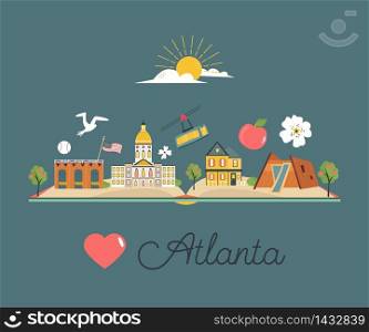 Tourist poster with traditional buildings, famous symbols of Atlanta. Explore city concept image. For banner, travel guides. Tourist poster, banner with symbols of Atlanta