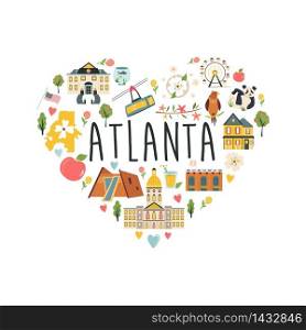 Tourist poster with traditional buildings, famous symbols of Atlanta. Explore city concept image. Town skyline, cityscape. Tourist poster, flat banner with Atlanta skyline