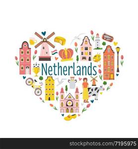 Tourist poster with traditional buildings, famous symbols of Netherlands. Explore Holland concept image. For banner, travel guides. Tourist poster, card with symbols of Netherlands