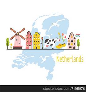 Tourist poster with traditional buildings, famous symbols of Netherlands. Explore Holland concept image. For banner, travel guides. Tourist poster, card with symbols of Netherlands