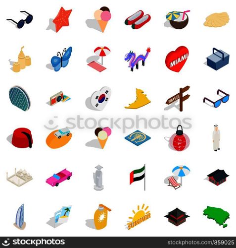 Tourist resort icons set. Isometric style of 36 tourist resort vector icons for web isolated on white background. Tourist resort icons set, isometric style