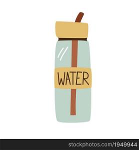 Tourist reusable bottle with water straw sketch. Hiking item. Vector illustration