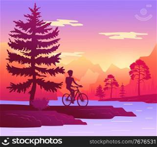 Tourist rides a bicycle by the river in a forest area. Mountain and forest background. A traveler on a bicycle opens up new places. Tree on a background of rocks. An active hobby. Flat illustration. Traveler rides bicycle in the forest. Mountain background. Forest landscape. Tourism and sport