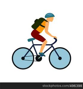 Tourist riding a bicycle with backpack flat icon isolated on white background. Tourist riding a bicycle with backpack