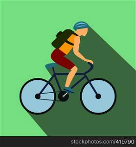 Tourist riding a bicycle with backpack flat icon on a light green background. Tourist riding a bicycle with backpack