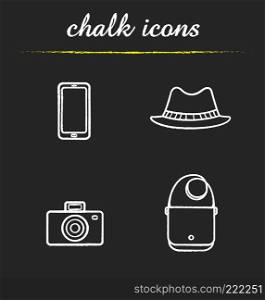 Tourist's equipment chalk icons set. Men's accessories. Smartphone, photo camera, homburg hat and leather handbag. Isolated vector chalkboard illustrations. Tourist's equipment chalk icons set