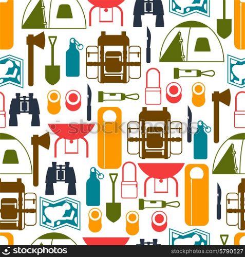 Tourist seamless pattern with camping equipment in flat style. Tourist seamless pattern with camping equipment in flat style.