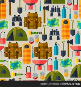 Tourist seamless pattern with camping equipment in flat style. Tourist seamless pattern with camping equipment in flat style.