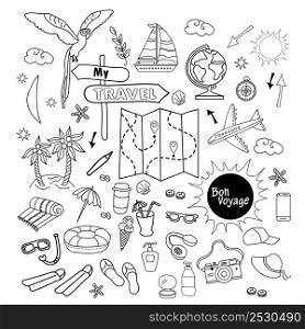 Tourist set. Doodle line drawings of luggage for summer tour of sea. An island, parrot, things, globe, map, cocktail, flippers, sun, an airplane