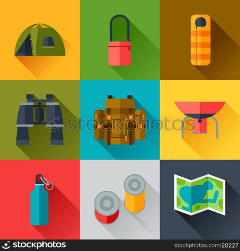 Tourist set of camping equipment icons in flat style. Tourist set of camping equipment icons in flat style.