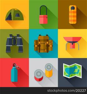 Tourist set of camping equipment icons in flat style. Tourist set of camping equipment icons in flat style.
