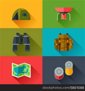 Tourist set of camping equipment icons in flat style. Tourist set of camping equipment icons in flat style.