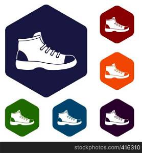 Tourist shoe icons set rhombus in different colors isolated on white background. Tourist shoe icons set