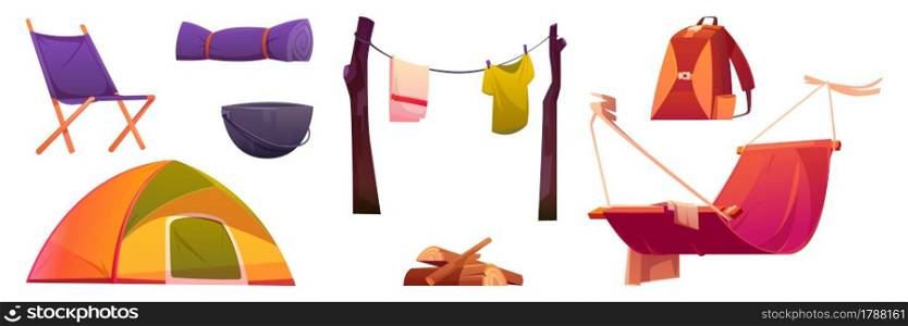 Tourist stuff tent, chair, cauldron and hammock, drying clothes, backpack, mat and wood logs. Camping equipment, traveler items isolated on white background, Cartoon vector illustration, icons set. Tourist stuff tent, chair, cauldron and hammock