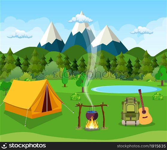 tourist tent and green meadow, mountains on a cloudy sky. Summer camping. Natural vector landscape. vector illustration in flat design. Outdoor activities. Tent and fire camp. Vector flat illustration camping.