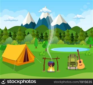 tourist tent and green meadow, mountains on a cloudy sky. Summer camping. Natural vector landscape. vector illustration in flat design. Outdoor activities. Tent and fire camp. Vector flat illustration camping.