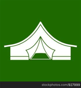Tourist tent icon white isolated on green background. Vector illustration. Tourist tent icon green