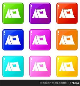 Tourist tent icons set 9 color collection isolated on white for any design. Tourist tent icons set 9 color collection