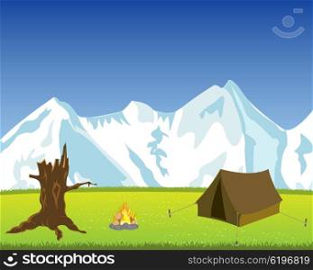 Tourist tent in mountain. Beautiful landscape of the snow mountains and glade with tent