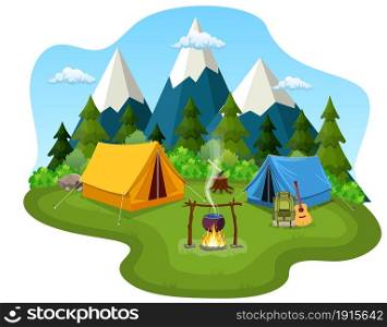 Tourist tent on the background of mountain and wood. vector illustration in flat design. Tourist tent under the moon and stars