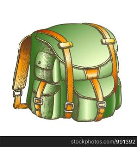 Tourist Travel Backpack Suitcase Color Vector. Standing Suitcase Bag For Trip Accessories. Baggage Case For Extreme Adventure Vacation Designed In Retro Style Illustration. Tourist Travel Backpack Suitcase Color Vector