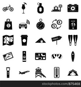 Tourist trip icons set. Simple set of 25 tourist trip vector icons for web isolated on white background. Tourist trip icons set, simple style