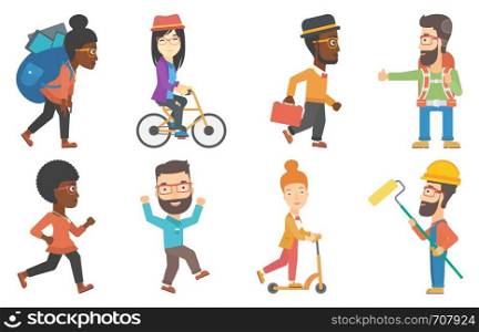 Tourist with backpack hitchhiking. Hitchhiking man trying to stop a car on a highway. Young hitchhiking man catching a car. Set of vector flat design illustrations isolated on white background.. Vector set of tourists and business characters.
