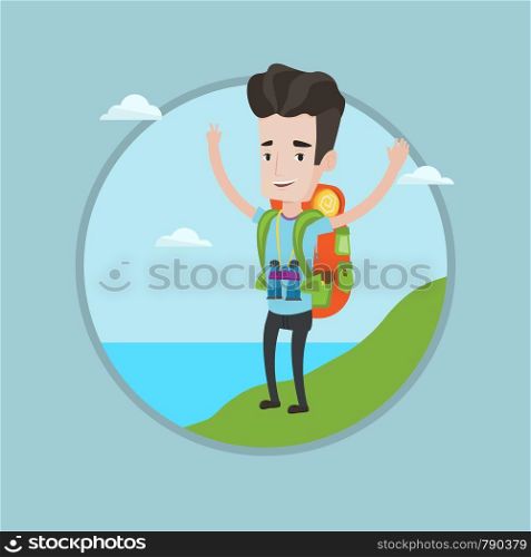 Tourist with backpack standing on the cliff and celebrating success. Caucasian backpacker with raised hands enjoying the scenery. Vector flat design illustration in the circle isolated on background.. Backpacker with his hands up enjoying the scenery.