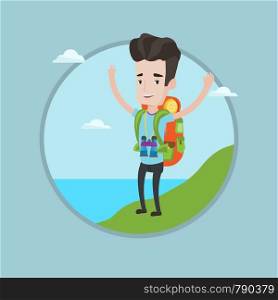 Tourist with backpack standing on the cliff and celebrating success. Caucasian backpacker with raised hands enjoying the scenery. Vector flat design illustration in the circle isolated on background.. Backpacker with his hands up enjoying the scenery.