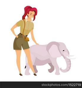 Tourist with elephant flat color vector illustration. Female tourist touching mammal baby. Trip to savannah. South african creature. Woman isolated cartoon character on white background