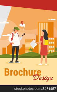 Tourist with paper map asking destination. Man explaining way to woman, using location app on cell flat vector illustration. Navigation, travel concept for banner, website design or landing web page