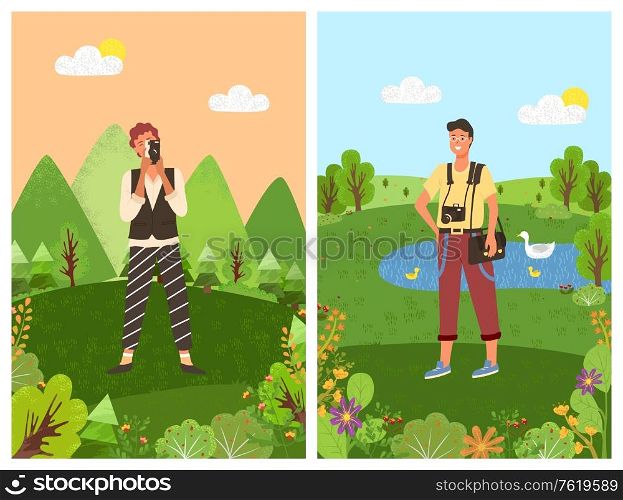 Tourist with photo camera, vector man photographer in trousers and shirt, bag on shoulder. Green scenery with pond and swans, forest with trees and lake. Tourist with Photo Camera, Vector Man Photographer