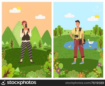 Tourist with photo camera, vector man photographer in trousers and shirt, bag on shoulder. Green scenery with pond and swans, forest with trees and lake. Tourist with Photo Camera, Vector Man Photographer