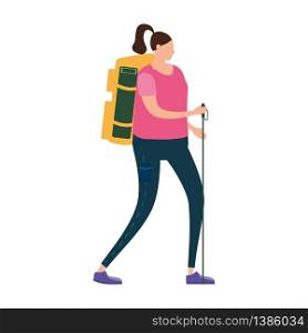 Tourist woman with backpack performing outdoor touristic activity. Tourist woman with backpack performing outdoor touristic activity. Adventure travel, hiking walking trip tourism wild nature trekking. Flat cartoon colorful vector illustration