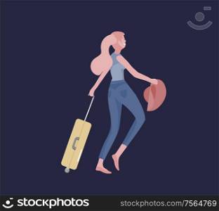 Tourist woman with laggage travelling alone, go on journey. Traveler in various activity with luggage and equipment. Vector illustration. Tourist men with laggage travelling alone, go on journey. Traveler in various activity with luggage and equipment