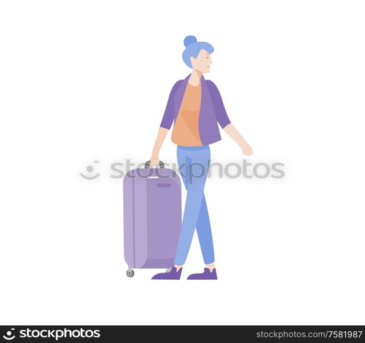 Tourist woman with laggage travelling alone, go on journey. Traveler in various activity with luggage and equipment. Vector illustration. Tourist men with laggage travelling alone, go on journey. Traveler in various activity with luggage and equipment
