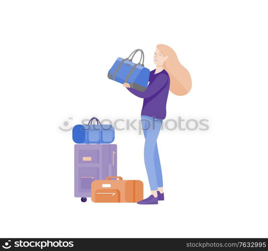 Tourist woman with laggage travelling alone, go on journey. Traveler in various activity with luggage and equipment. Vector illustration. Tourist men with laggage travelling alone, go on journey. Traveler in various activity with luggage and equipment