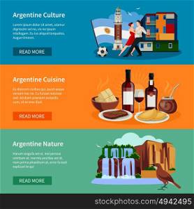 Touristic Argentina Flat Banners Website Page . Argentina top tourists attractions 3 flat horizontal banners webpage design with landmarks food and culture isolated vector illustration