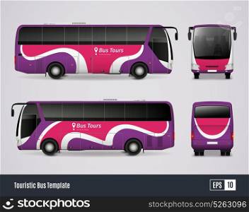 Touristic Bus Template In Realistic Style. Touristic bus template in realistic style with colored views from frontal back right and left sides isolated vector illustration