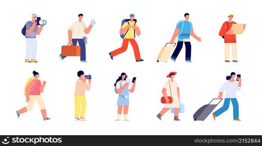 Touristic characters. Travelers people, travelling vacation persons. Adults with luggage, woman man hold suitcase. Tourism vector set. Illustration travel young journey, passenger with luggage. Touristic characters. Travelers people, travelling vacation persons. Adults with luggage, isolated flat woman man hold suitcase. Tourism utter vector set