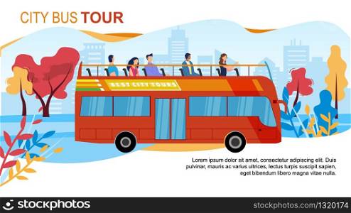 Touristic City Bus Tour, Hop-on-Hop-Off Service Trendy Flat Vector Advertising Banner, Promo Poster Template. Multinational Tourists Exploring Foreign City Attractions from Open Top Bus Illustration