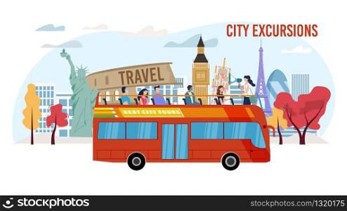 Touristic City Excursion, Bus Tour Service Trendy Flat Vector Advertising Banner, Promo Poster Template. Female Tour Guide with Loudspeaker Talking to Tourists Group on Double-Decker Bus Illustration