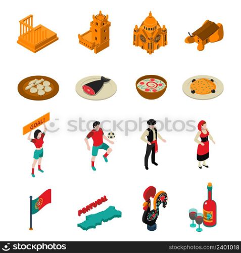 Touristic Portugal isometric icons set with football food and architecture symbols isolated vector illustration . Portugal Icons Set