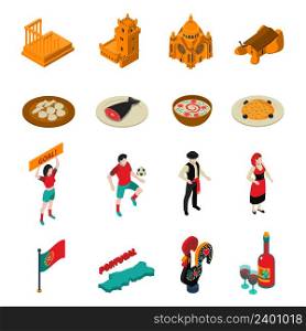 Touristic Portugal isometric icons set with football food and architecture symbols isolated vector illustration . Portugal Icons Set