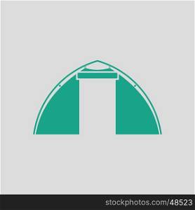 Touristic tent icon. Gray background with green. Vector illustration.