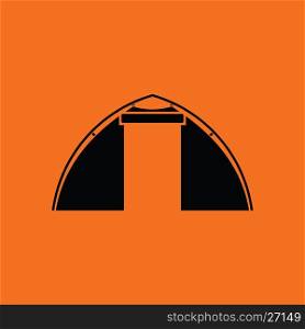 Touristic tent icon. Orange background with black. Vector illustration.