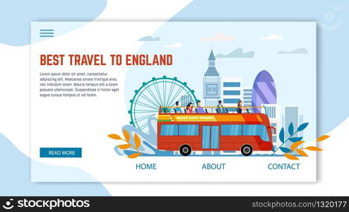 Touristic Tour, Bus Excursions to England Trendy Flat Vector Web Banner, Landing Page. Multinational Tourists Group Observing London Famous Attractions from Double-Decker, Open Top Bus Illustration