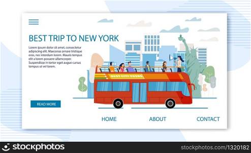 Touristic Tour to United States Trendy Flat Vector Web Banner, Landing Page Template. Tourists Group Visiting New York, Exploring Famous Attractions from Double-Decker, Open Top Bus Illustration