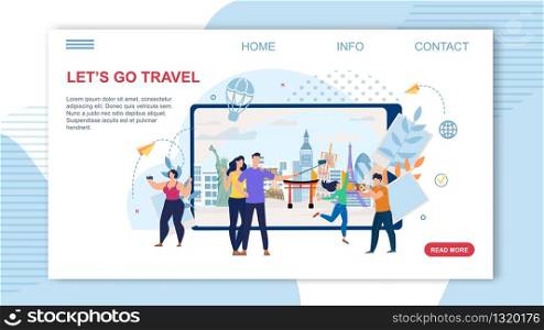 Touristic Tour, Travel Agency Online Service, Startup for Travelers Trendy Flat Vector Web Banner, Landing Page Template. Happy Tourists Making Photos of Attractions, Shooting Selfie Illustration