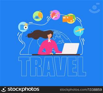 Touristic Travel, Summer Vacation Journey Flat Vector Concept. Travel Agency Agent Sitting in Front of Laptop, Offering Company Services to Clients, Woman Planning Recreation Trip Online Illustration